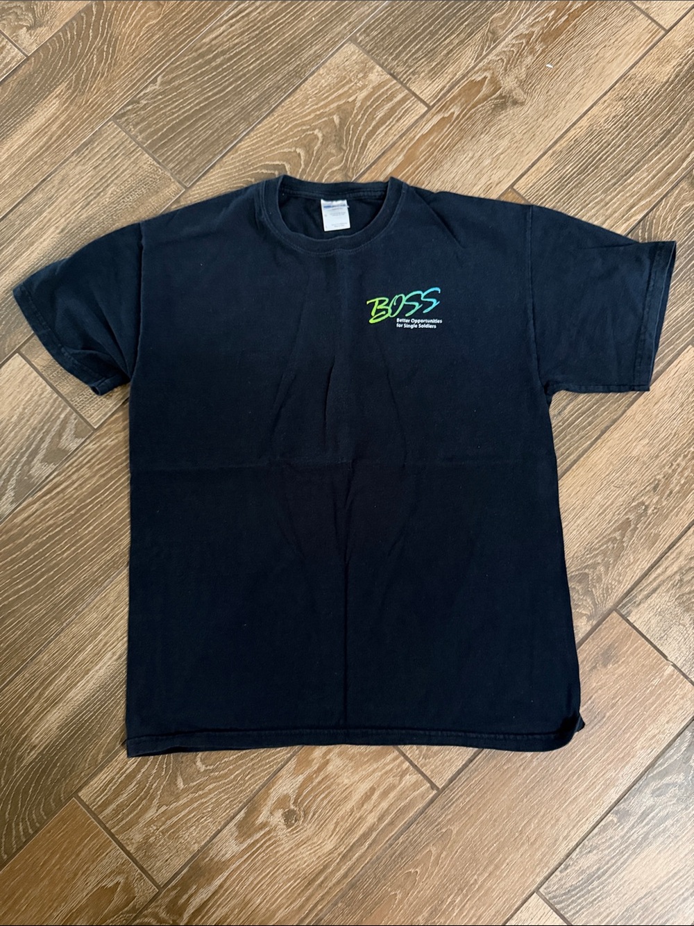 Gildan Navy Short Sleeve Tee with Neon Green BOSS Logo - Large